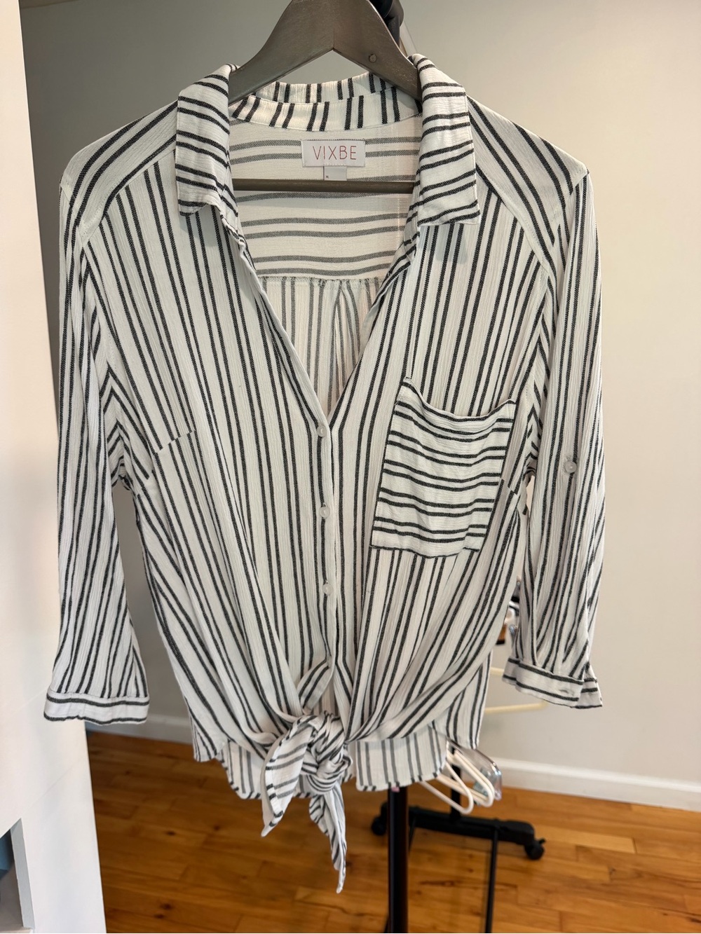 White & Black Striped Tie-Front Button-Down Shirt